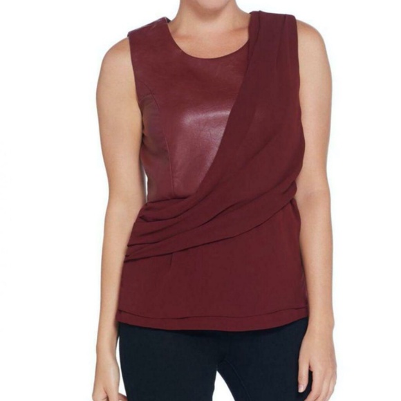 BROOKE SHIELDS Timeless Asymmetrical Faux Leather Drape Front Top Blouse - Picture 1 of 7